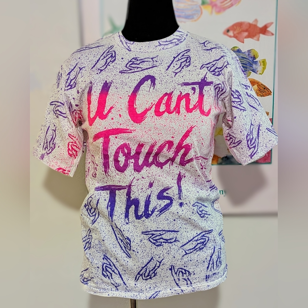 U Can't Touch This White with Purple and Pink Print Vintage T-shirt Large